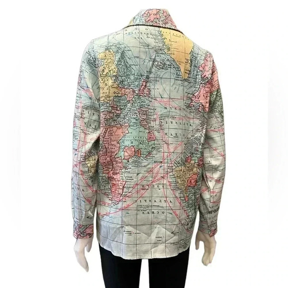Misslook Map Of  The World Long Sleeve Button Down Blouse Size Medium - Picture 2 of 8